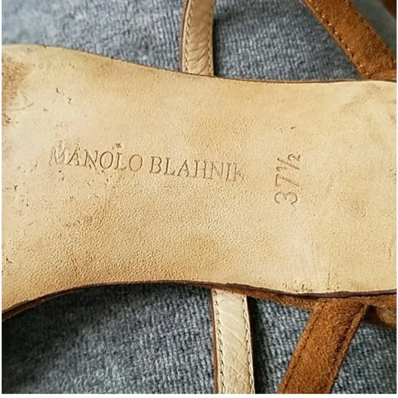 Vintage Manolo Blahnik strappy tan brown suede t strap ankle strap kitten heels