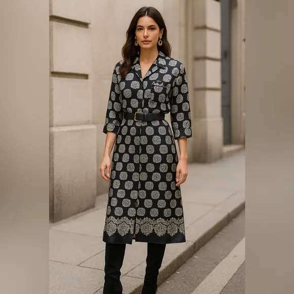 Vintage Natori Baroque Print Satin Lounge Shirt Dress Black Ivory Medallion Med