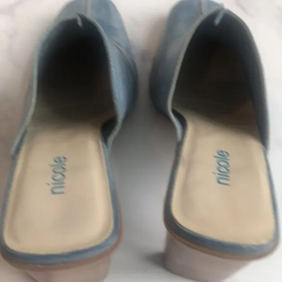 Vintage NICOLE Brakes Blue Stitched Leather Heeled Mules, Size 7M
