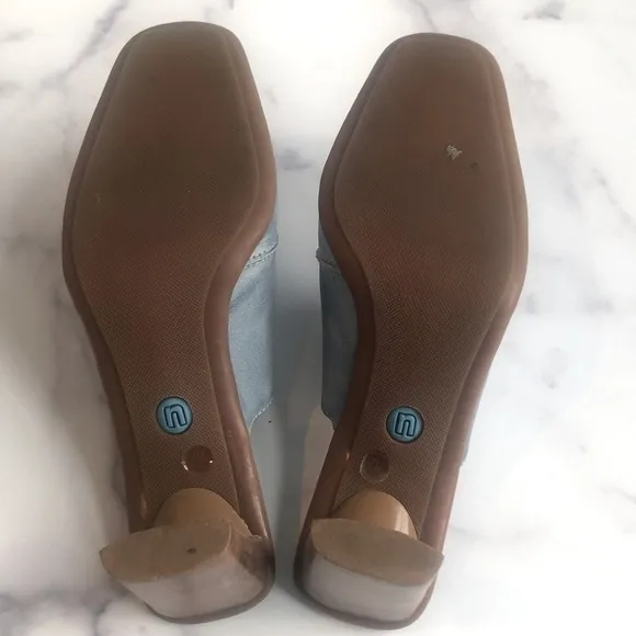 Vintage NICOLE Brakes Blue Stitched Leather Heeled Mules, Size 7M