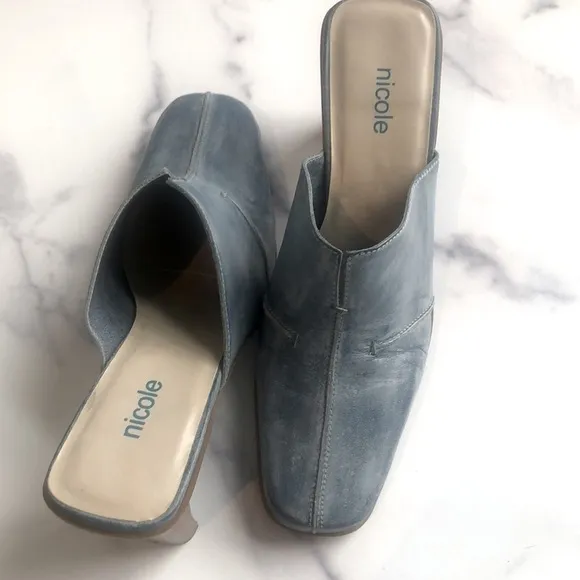 Vintage NICOLE Brakes Blue Stitched Leather Heeled Mules, Size 7M