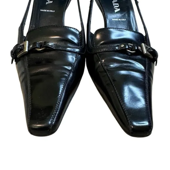 Vintage Prada Leather Buckle Detail Kitten Heels