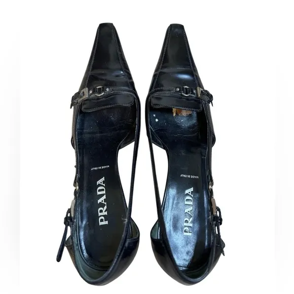 Vintage Prada Leather Buckle Detail Kitten Heels