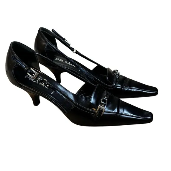 Vintage Prada Leather Buckle Detail Kitten Heels
