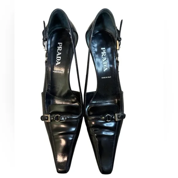 Vintage Prada Leather Buckle Detail Kitten Heels