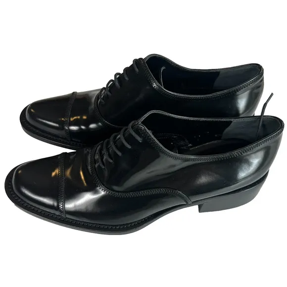 Vintage Prada Shoes Womens US 8.5 Black Patent Leather Oxford Lace Up Cap Toe