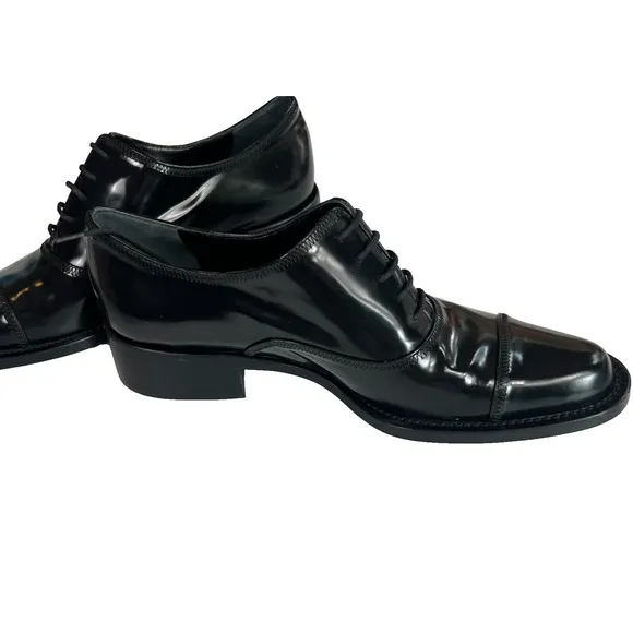 Vintage Prada Shoes Womens US 8.5 Black Patent Leather Oxford Lace Up Cap Toe