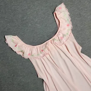 Vintage Ruffle Satin Floral Embroidered Lingerie Chemise Nightgown Slip Dress