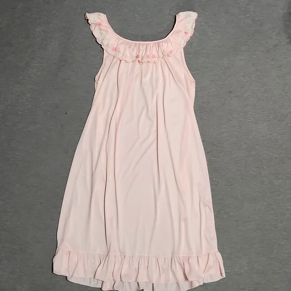Vintage Ruffle Satin Floral Embroidered Lingerie Chemise Nightgown Slip Dress