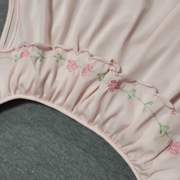 Vintage Ruffle Satin Floral Embroidered Lingerie Chemise Nightgown Slip Dress