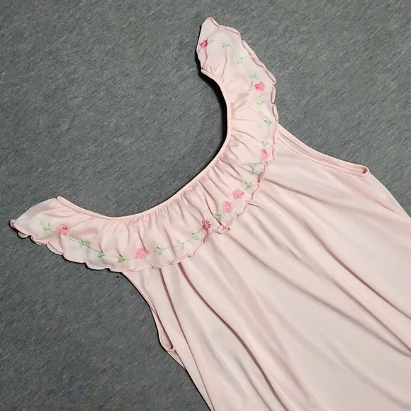Vintage Ruffle Satin Floral Embroidered Lingerie Chemise Nightgown Slip Dress