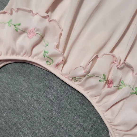 Vintage Ruffle Satin Floral Embroidered Lingerie Chemise Nightgown Slip Dress