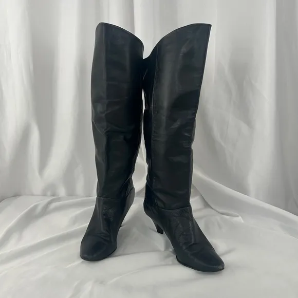Vintage Slouch Boots Black Knee-High Kitten Heel Boots