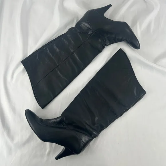 Vintage Slouch Boots Black Knee-High Kitten Heel Boots