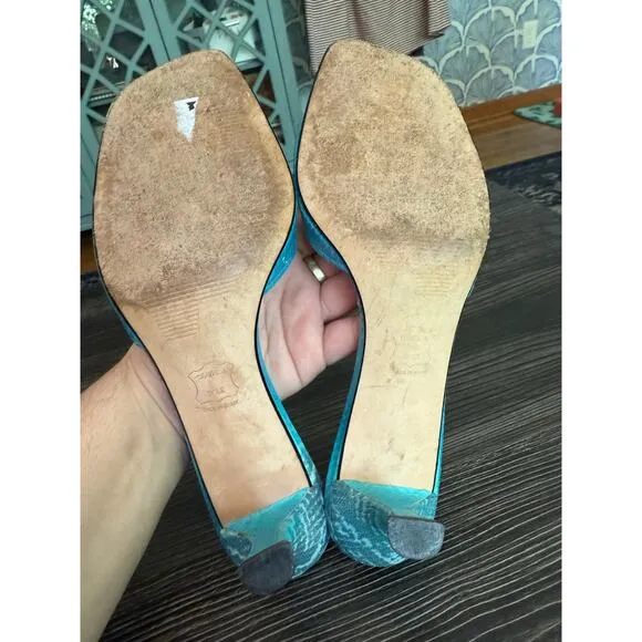 Vintage Stuart Weitzman Blue Croc Kitten Heel Mules Sz. 9