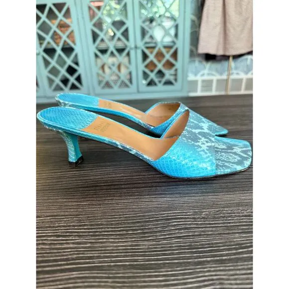 Vintage Stuart Weitzman Blue Croc Kitten Heel Mules Sz. 9
