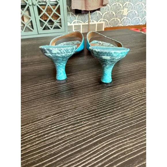 Vintage Stuart Weitzman Blue Croc Kitten Heel Mules Sz. 9