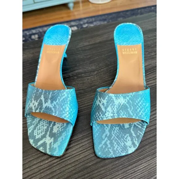 Vintage Stuart Weitzman Blue Croc Kitten Heel Mules Sz. 9