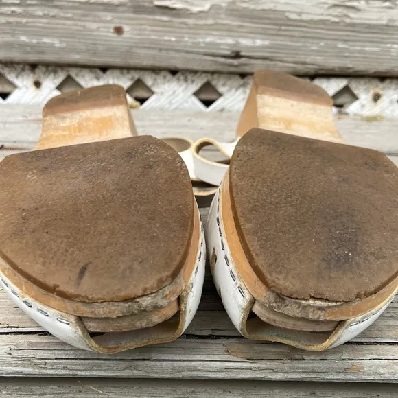 Vintage Swedish Hasbeens Handmade White Leather Wood Clog Sandal Women's Size 10