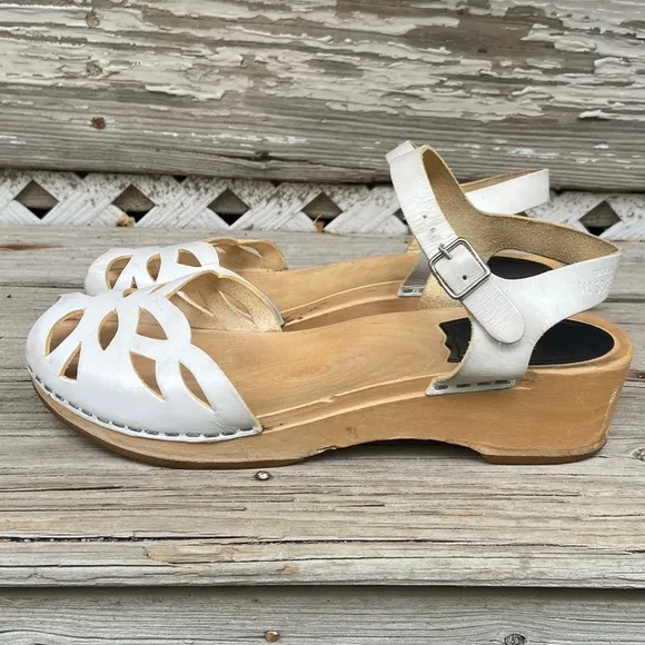 Vintage Swedish Hasbeens Handmade White Leather Wood Clog Sandal Women's Size 10