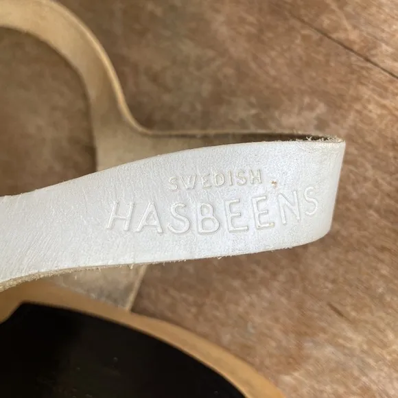 Vintage Swedish Hasbeens Handmade White Leather Wood Clog Sandal Women's Size 10