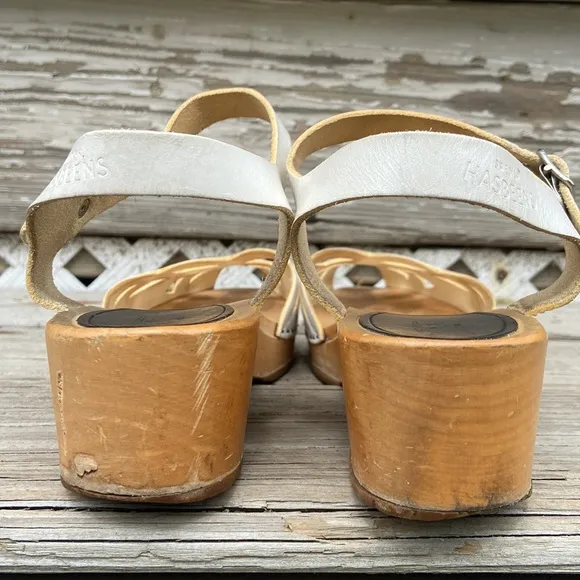 Vintage Swedish Hasbeens Handmade White Leather Wood Clog Sandal Women's Size 10