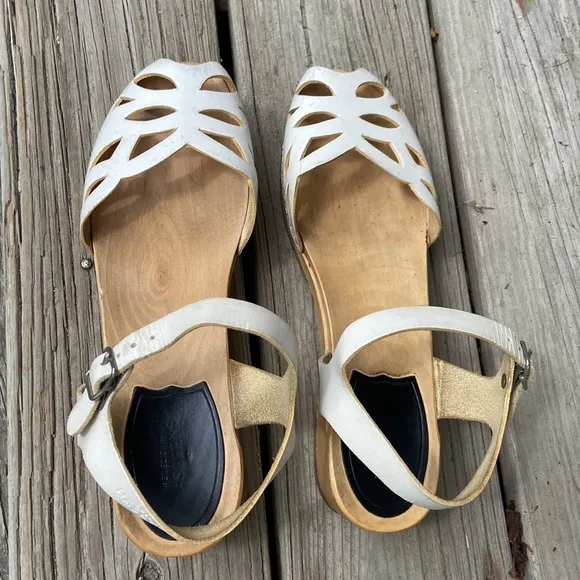 Vintage Swedish Hasbeens Handmade White Leather Wood Clog Sandal Women's Size 10