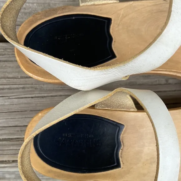 Vintage Swedish Hasbeens Handmade White Leather Wood Clog Sandal Women's Size 10