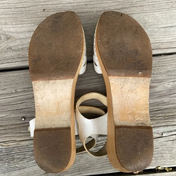Vintage Swedish Hasbeens Handmade White Leather Wood Clog Sandal Women's Size 10