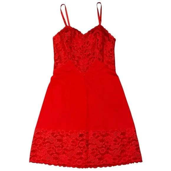 Vintage VANITY FAIR Red FULL SLIP Dress LACE Nylon Lingerie USA Sz S 32
