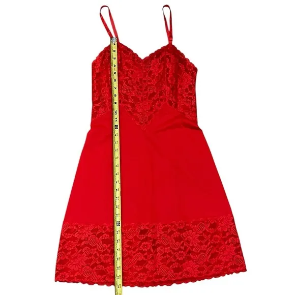 Vintage VANITY FAIR Red FULL SLIP Dress LACE Nylon Lingerie USA Sz S 32