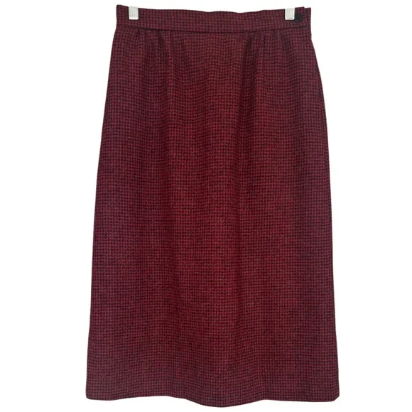 Vintage Wool Plaid Skirt Straight Pencil Herringbone Tweed Red Black Size Small