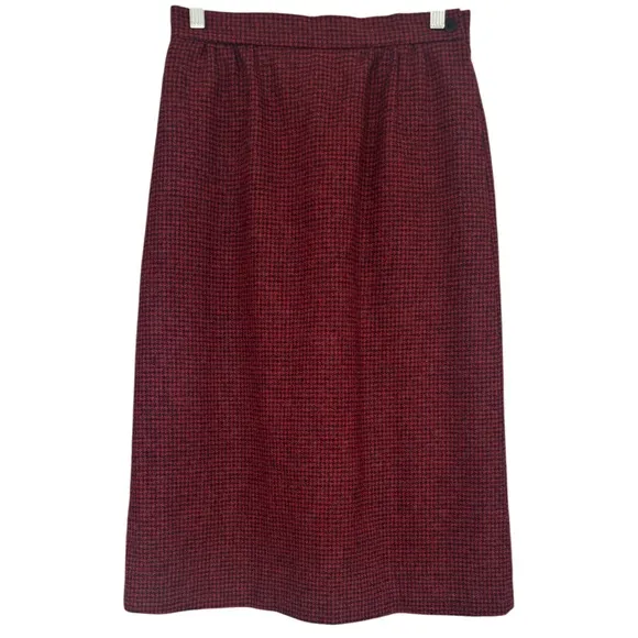 Vintage Wool Plaid Skirt Straight Pencil Herringbone Tweed Red Black Size Small
