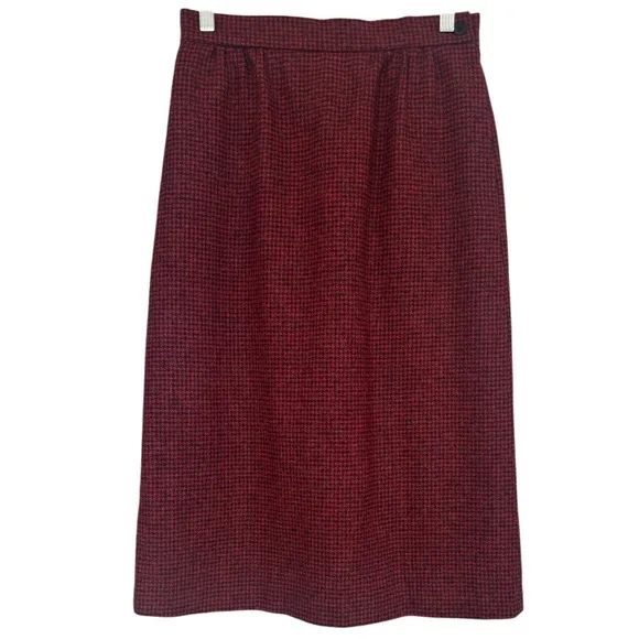 Vintage Wool Plaid Skirt Straight Pencil Herringbone Tweed Red Black Size Small