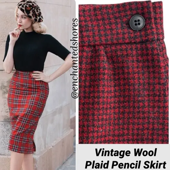 Vintage Wool Plaid Skirt Straight Pencil Herringbone Tweed Red Black Size Small