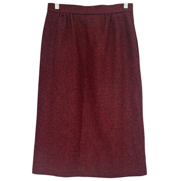 Vintage Wool Plaid Skirt Straight Pencil Herringbone Tweed Red Black Size Small