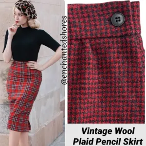 Vintage Wool Plaid Skirt Straight Pencil Herringbone Tweed Red Black Size Small