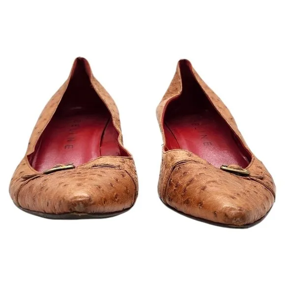 Vintage Y2K Celine Ostrich Exotic Leather Kitten Heel Pumps 38.5 Pointed Toe