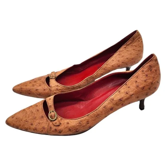 Vintage Y2K Celine Ostrich Exotic Leather Kitten Heel Pumps 38.5 Pointed Toe