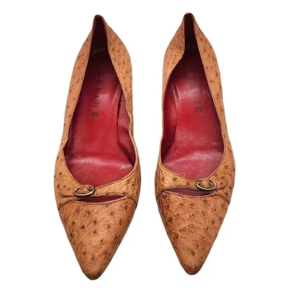Vintage Y2K Celine Ostrich Exotic Leather Kitten Heel Pumps 38.5 Pointed Toe