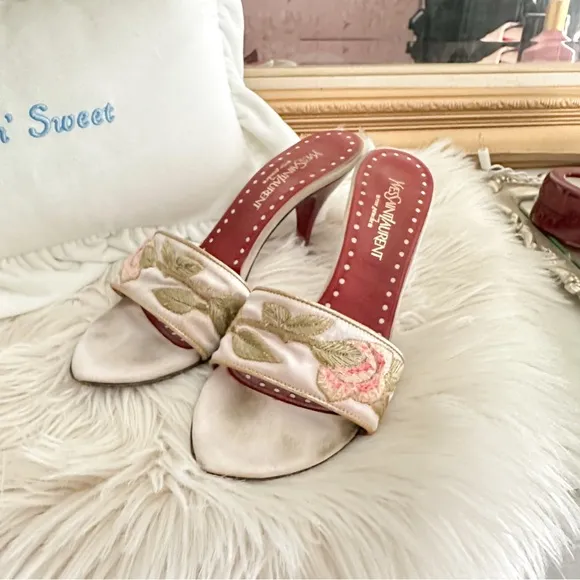 Vintage Yves Saint Laurent Silk Sandal Kitten Heels