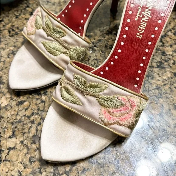 Vintage Yves Saint Laurent Silk Sandal Kitten Heels