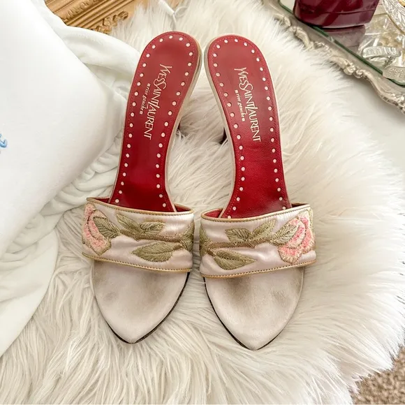 Vintage Yves Saint Laurent Silk Sandal Kitten Heels