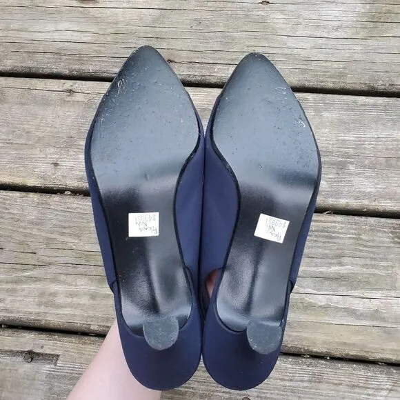 Vintage 80s Retro Prom Navy Blue Satin Rhinestone Slingback Heels Pumps 7