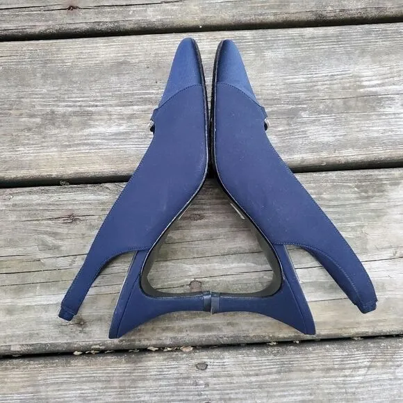 Vintage 80s Retro Prom Navy Blue Satin Rhinestone Slingback Heels Pumps 7