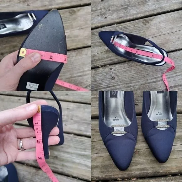 Vintage 80s Retro Prom Navy Blue Satin Rhinestone Slingback Heels Pumps 7