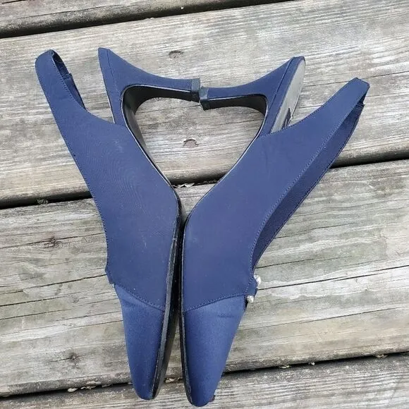 Vintage 80s Retro Prom Navy Blue Satin Rhinestone Slingback Heels Pumps 7