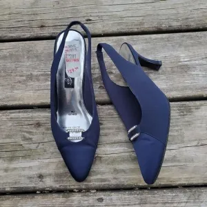 Vintage 80s Retro Prom Navy Blue Satin Rhinestone Slingback Heels Pumps 7