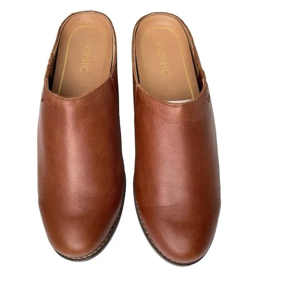 Vionic Clogs Mules Womens 8.5 Joy Nellie Leather Slip On Brown Casual Comfort