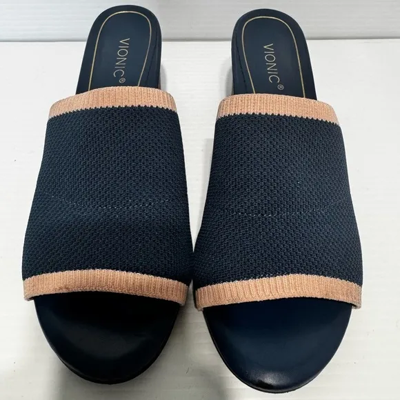 Vionic Fleur Navy Pink Knit Heeled Mules Size 9.5